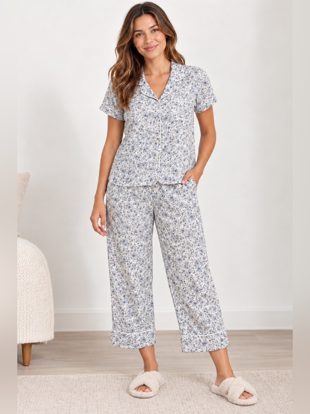 J Crew Sleepwear linen cotton pajama LARGE Elastic waist pocket blue pink floral